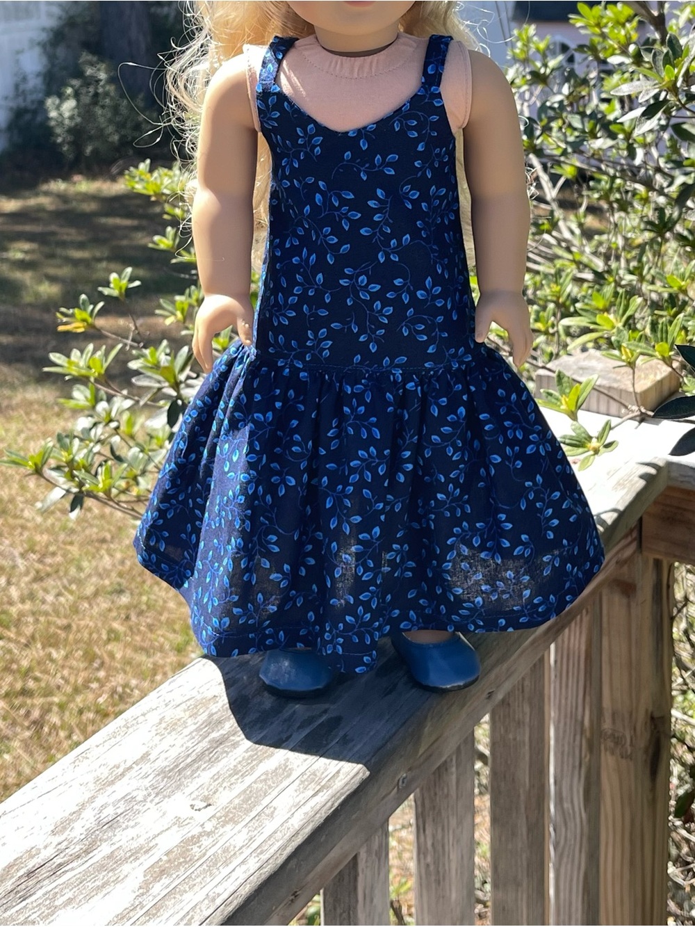 Navy Blue Leaf Print Doll Dress